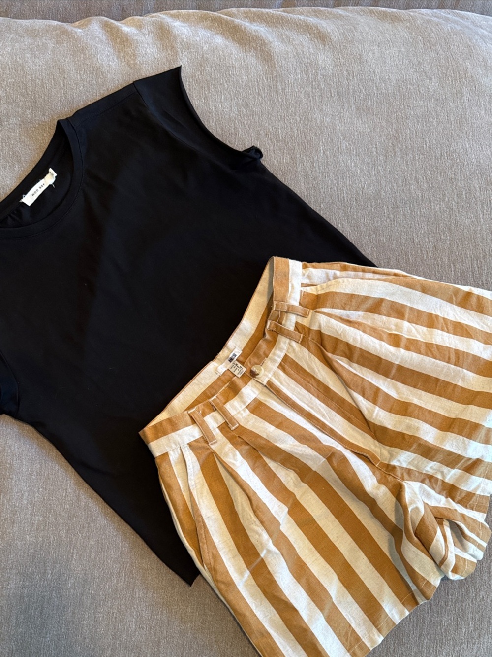 Amuse Society High Waist Striped Shorts in Tan and White